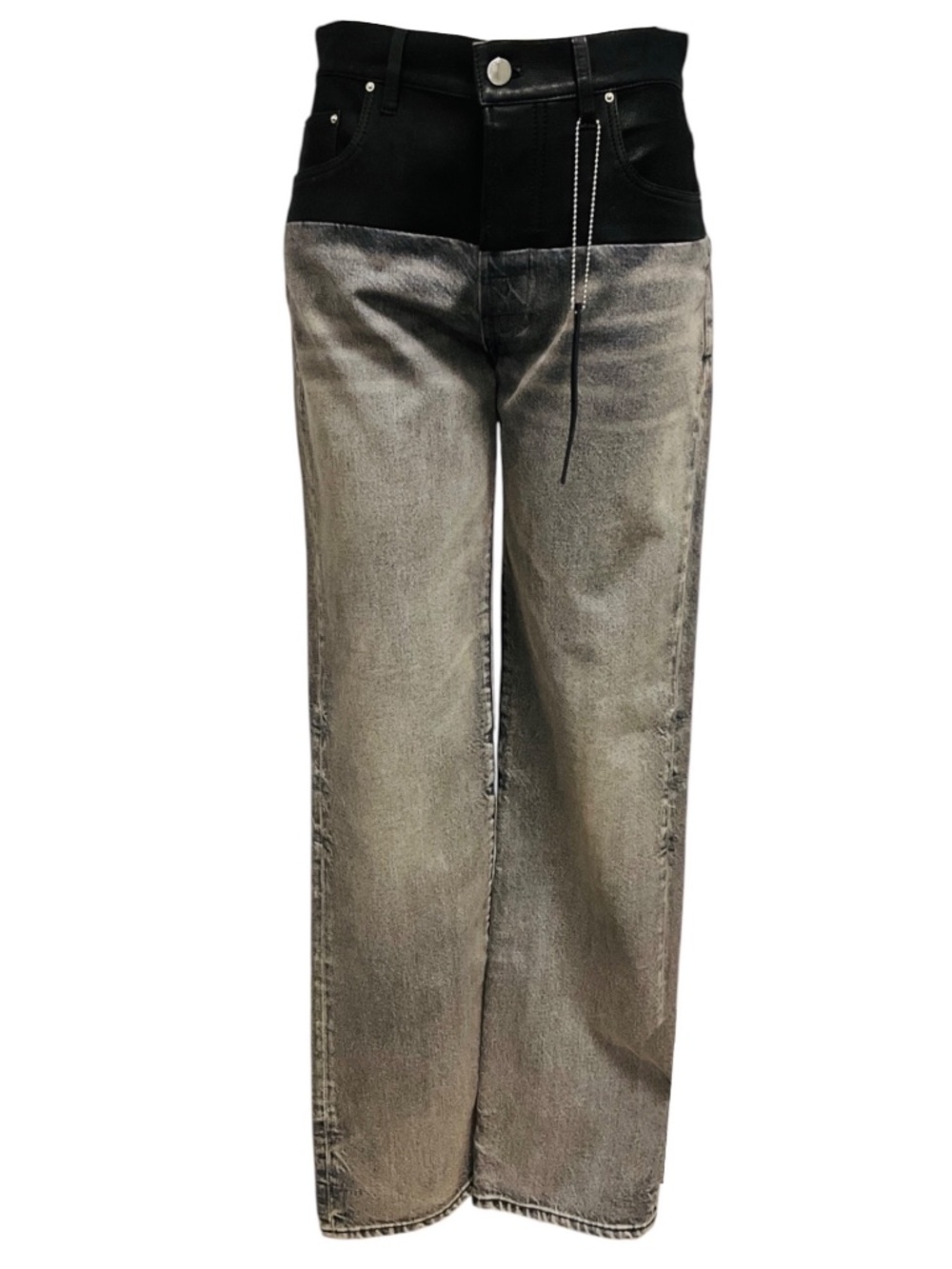 AMIRI BLACK WASHED GREY BLACK DENIM JEANS WITH BLACK LEATHER TRIM